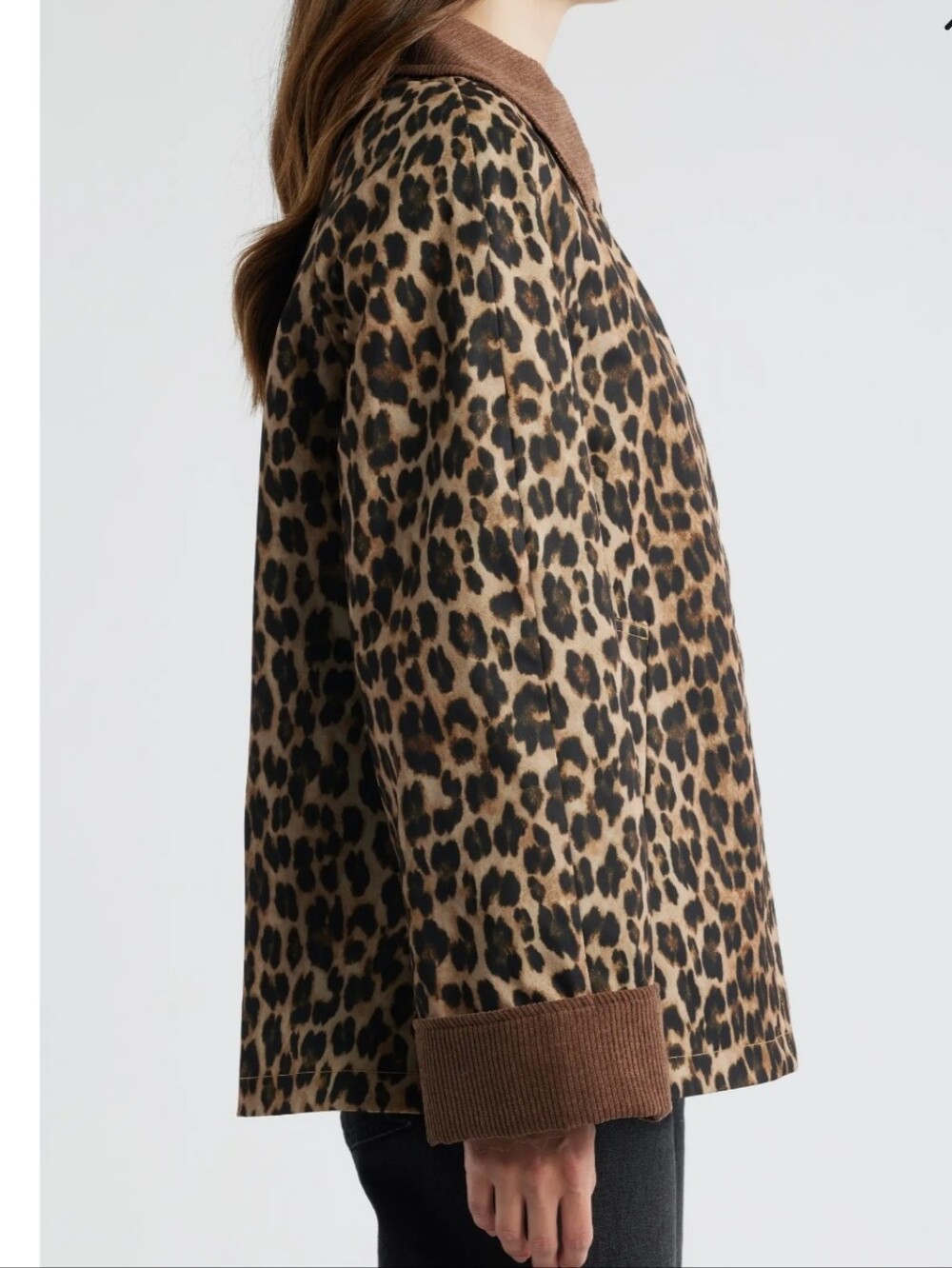 Sam Edelman Leopard Print Corduroy Trim Barn Jacket Coat Brown Tan Quilted M - Picture 3 of 13
